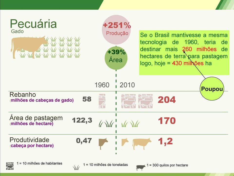 de cabeças de gado) 1960 2010 58 204 Poupou Área de pastagem (milhões de hectare) 122,3 170 Produtividade