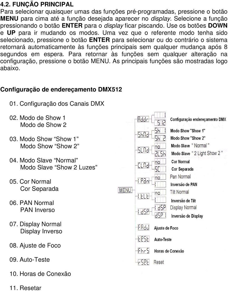 Uma vez que o referente modo tenha sido selecionado, pressione o botão ENTER para selecionar ou do contrário o sistema retornará automaticamente às funções principais sem qualquer mudança após 8