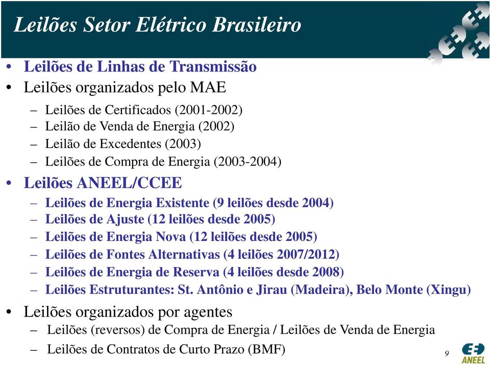 de Energia Nova (12 leilões desde 2005) Leilões de Fontes Alternativas (4 leilões 2007/2012) Leilões de Energia de Reserva (4 leilões desde 2008) Leilões Estruturantes: St.