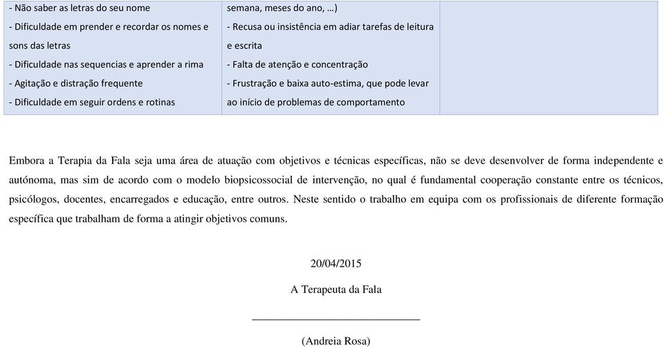 início de problemas de comportamento Embora a Terapia da Fala seja uma área de atuação com objetivos e técnicas específicas, não se deve desenvolver de forma independente e autónoma, mas sim de