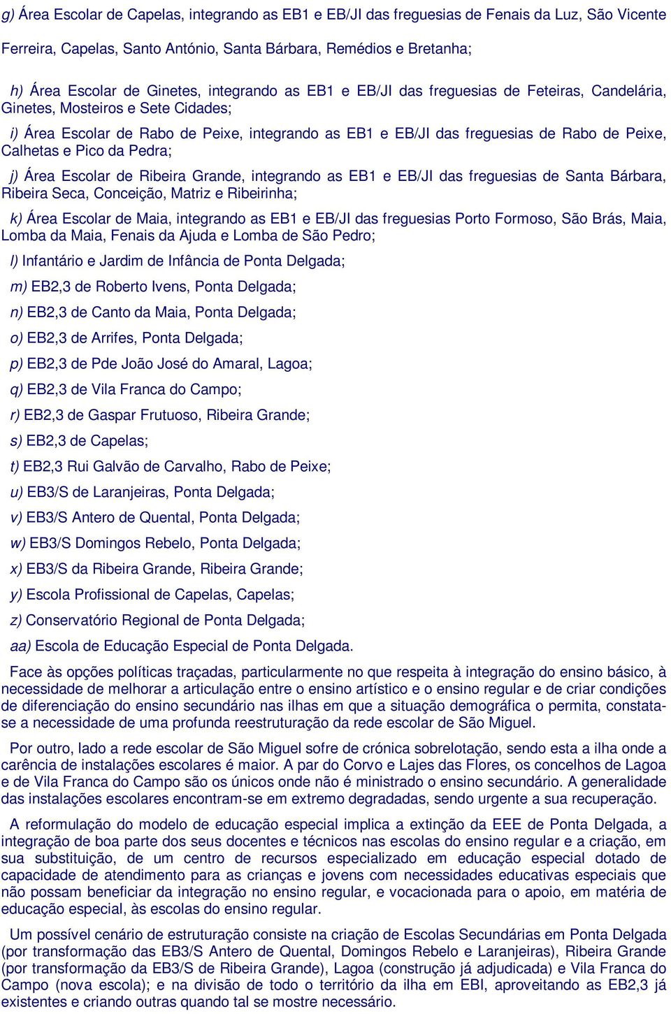 Calhetas e Pico da Pedra; j) Área Escolar de Ribeira Grande, integrando as EB1 e EB/JI das freguesias de Santa Bárbara, Ribeira Seca, Conceição, Matriz e Ribeirinha; k) Área Escolar de Maia,