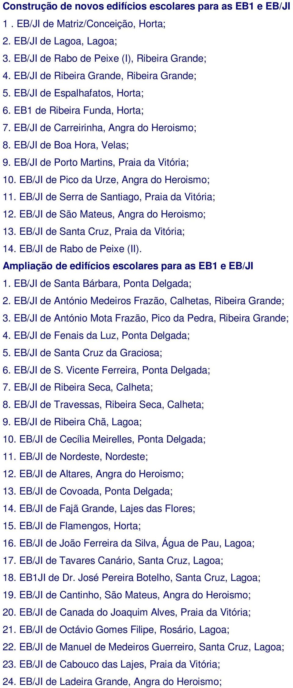 EB/JI de Porto Martins, Praia da Vitória; 10. EB/JI de Pico da Urze, Angra do Heroismo; 11. EB/JI de Serra de Santiago, Praia da Vitória; 12. EB/JI de São Mateus, Angra do Heroismo; 13.