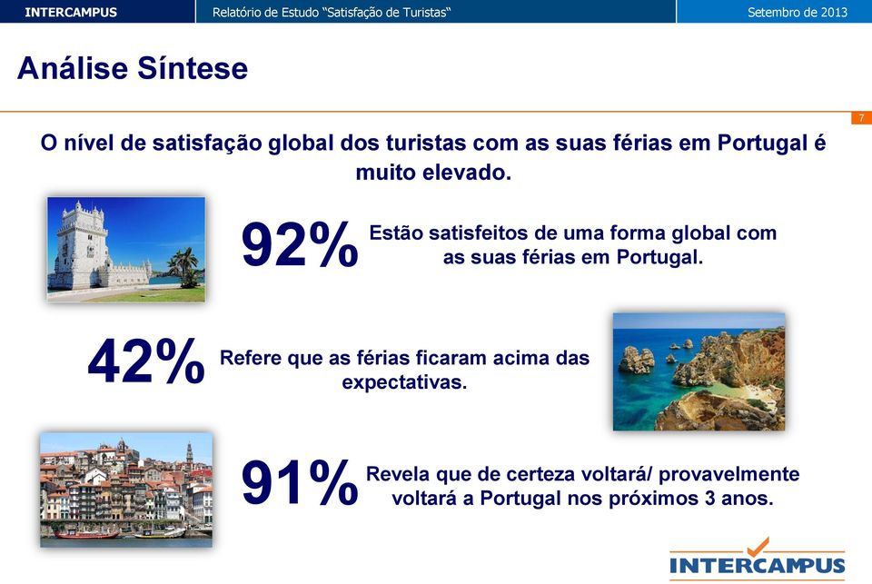 7 92% Estão satisfeitos de uma forma global com as suas férias em Portugal.