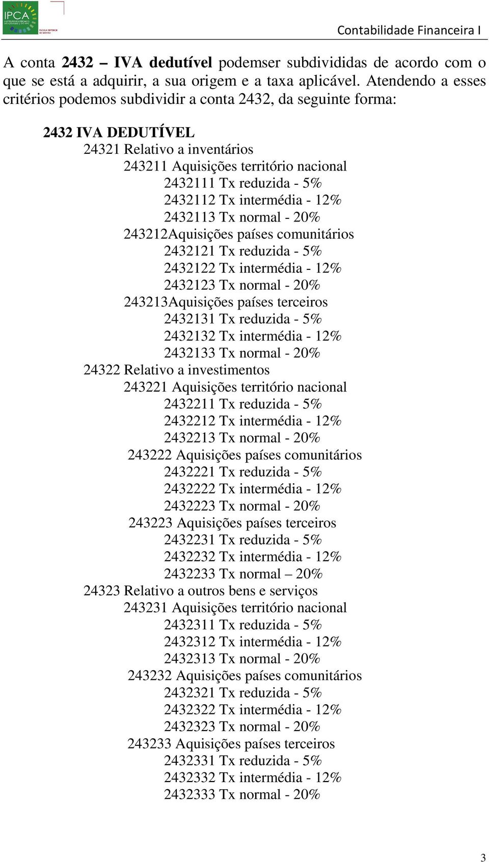 Tx intermédia - 12% 2432113 Tx normal - 20% 243212Aquisições países comunitários 2432121 Tx reduzida - 5% 2432122 Tx intermédia - 12% 2432123 Tx normal - 20% 243213Aquisições países terceiros 2432131