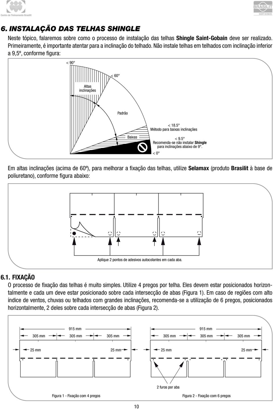 5 Método para baixas inclinações Baixas < 9.5 Recomenda-se não instalar Shingle para inclinações abaixo de 9.