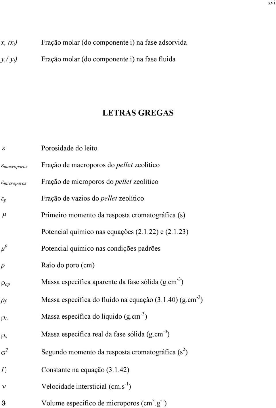 22) e (2.1.23) µ 0 Potencial químico nas condições padrões ρ Raio do poro (cm) ρap Massa específica aparente da fase sólida (g.cm -3 ) ρ f Massa específica do fluido na equação (3.1.40) (g.