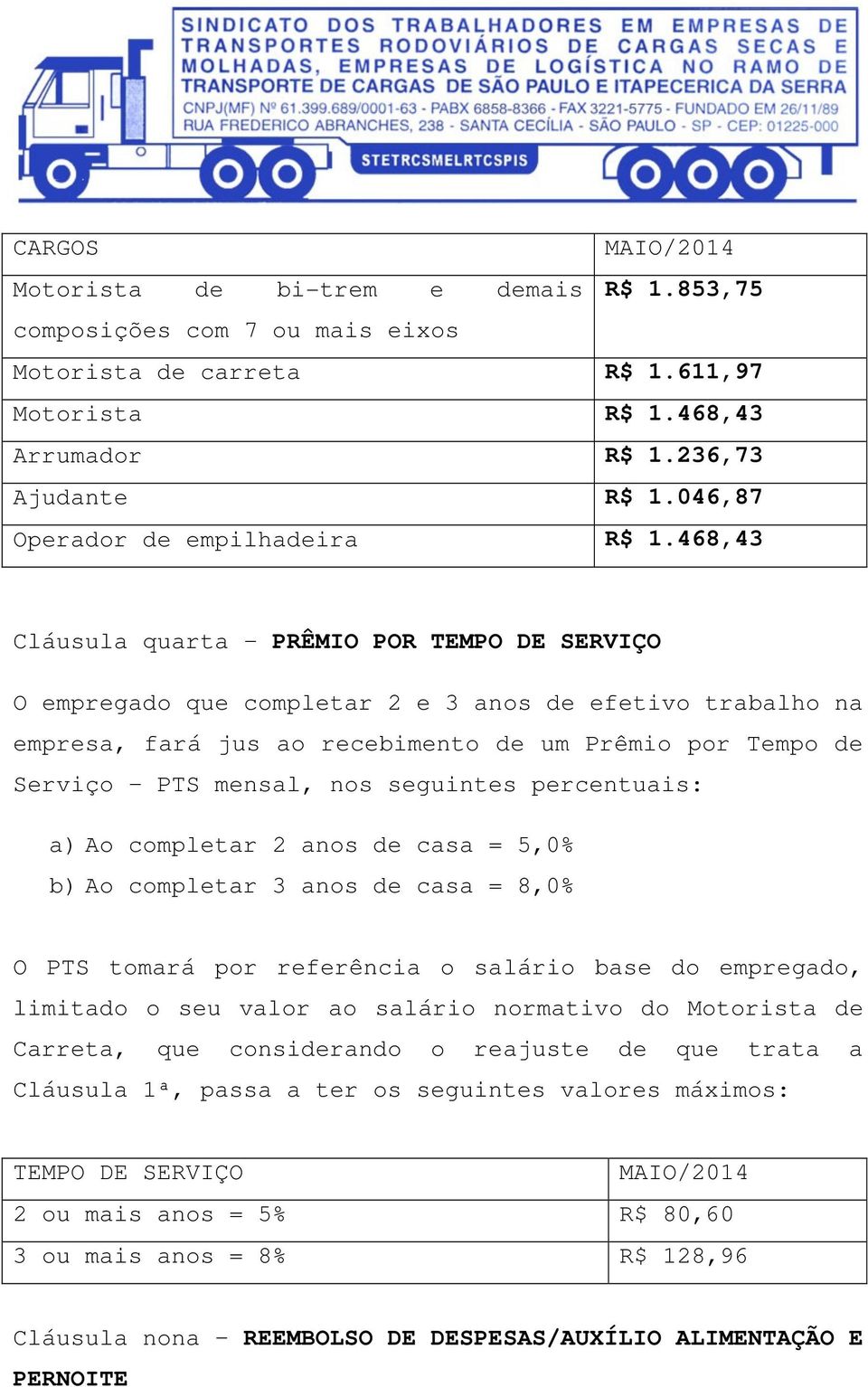 468,43 Cláusula quarta PRÊMIO POR TEMPO DE SERVIÇO O empregado que completar 2 e 3 anos de efetivo trabalho na empresa, fará jus ao recebimento de um Prêmio por Tempo de Serviço PTS mensal, nos