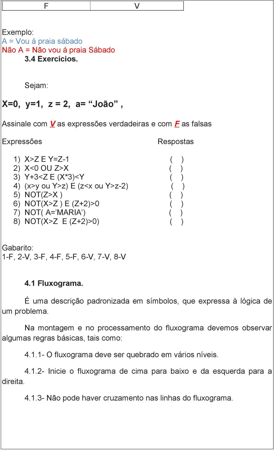 Y>z-2) ( ) 5) NOT(Z>X ) ( ) 6) NOT(X>Z ) E (Z+2)>0 ( ) 7) NOT( A= MARIA ) ( ) 8) NOT(X>Z E (Z+2)>0) ( ) Gabarito: 1-F, 2-V, 3-F, 4-F, 5-F, 6-V, 7-V, 8-V 4.1 Fluxograma.