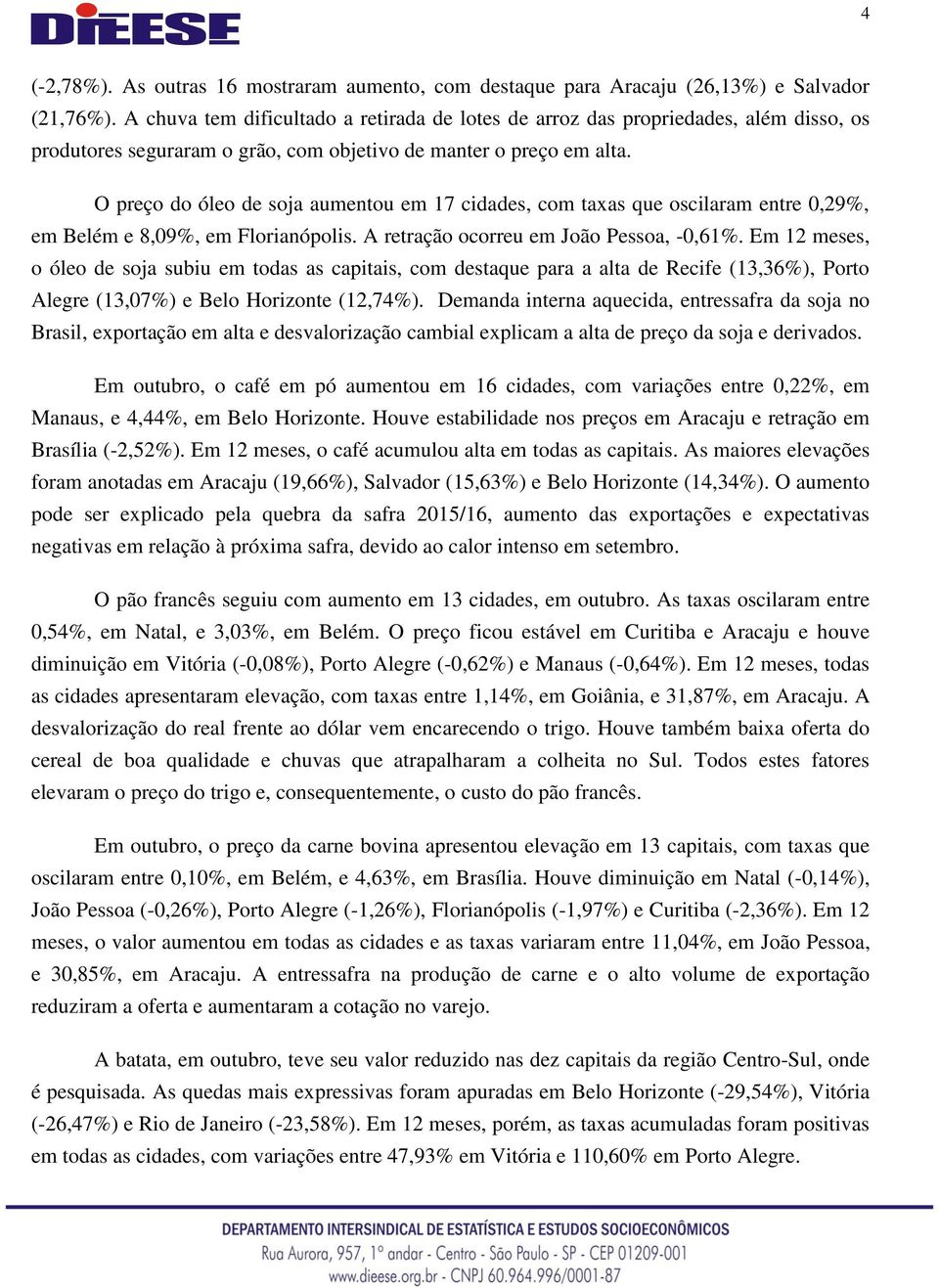 O preço do óleo de soja aumentou em 17 cidades, com taxas que oscilaram entre 0,29%, em Belém e 8,09%, em Florianópolis. A retração ocorreu em João Pessoa, -0,61%.
