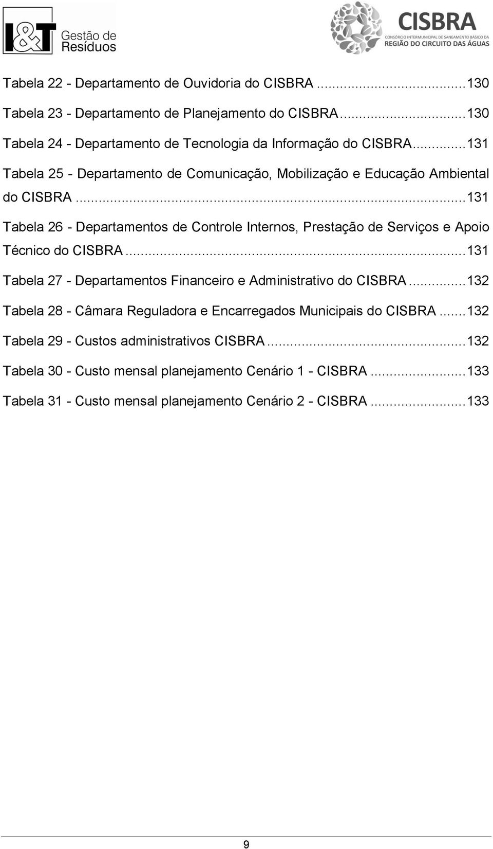 .. 131 Tabela 26 - Departamentos de Controle Internos, Prestação de Serviços e Apoio Técnico do CISBRA... 131 Tabela 27 - Departamentos Financeiro e Administrativo do CISBRA.