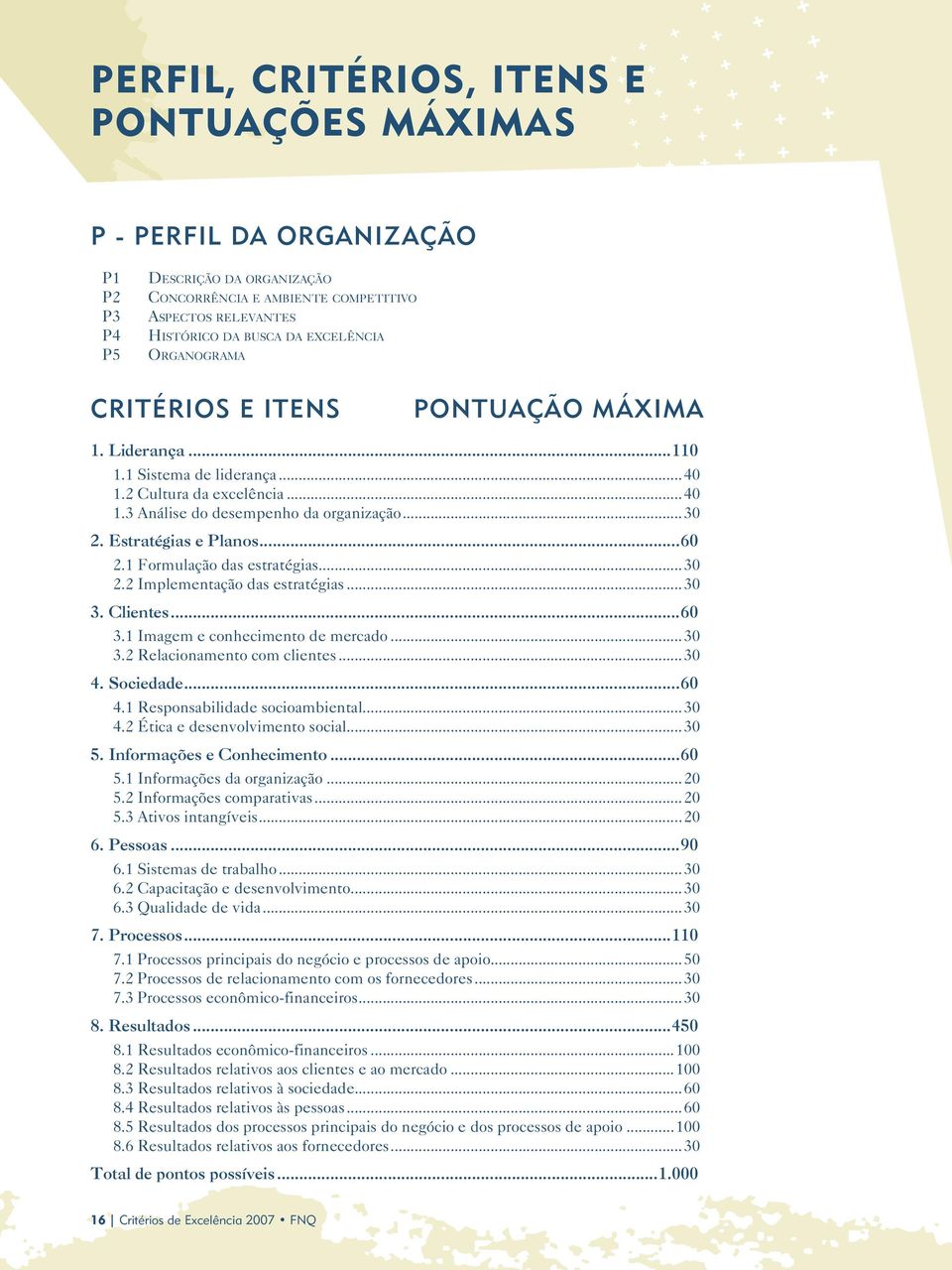 Estratégias e Planos...60 2.1 Formulação das estratégias...30 2.2 Implementação das estratégias...30 3. Clientes...60 3.1 Imagem e conhecimento de mercado...30 3.2 Relacionamento com clientes...30 4.