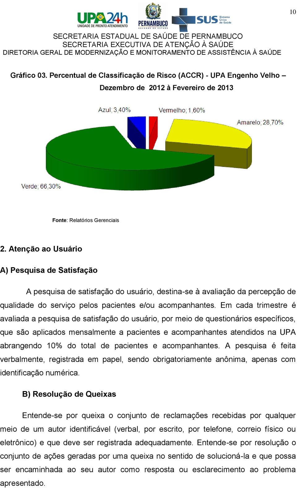 Em cada trimestre é avaliada a pesquisa de satisfação do usuário, por meio de questionários específicos, que são aplicados mensalmente a pacientes e acompanhantes atendidos na UPA abrangendo 10% do