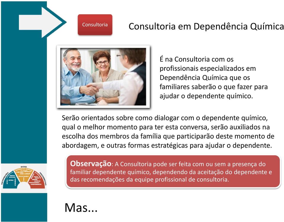 Serão orientados sobre como dialogar com o dependente químico, qual o melhor momento para ter esta conversa, serão auxiliados na escolha dos membros da família que