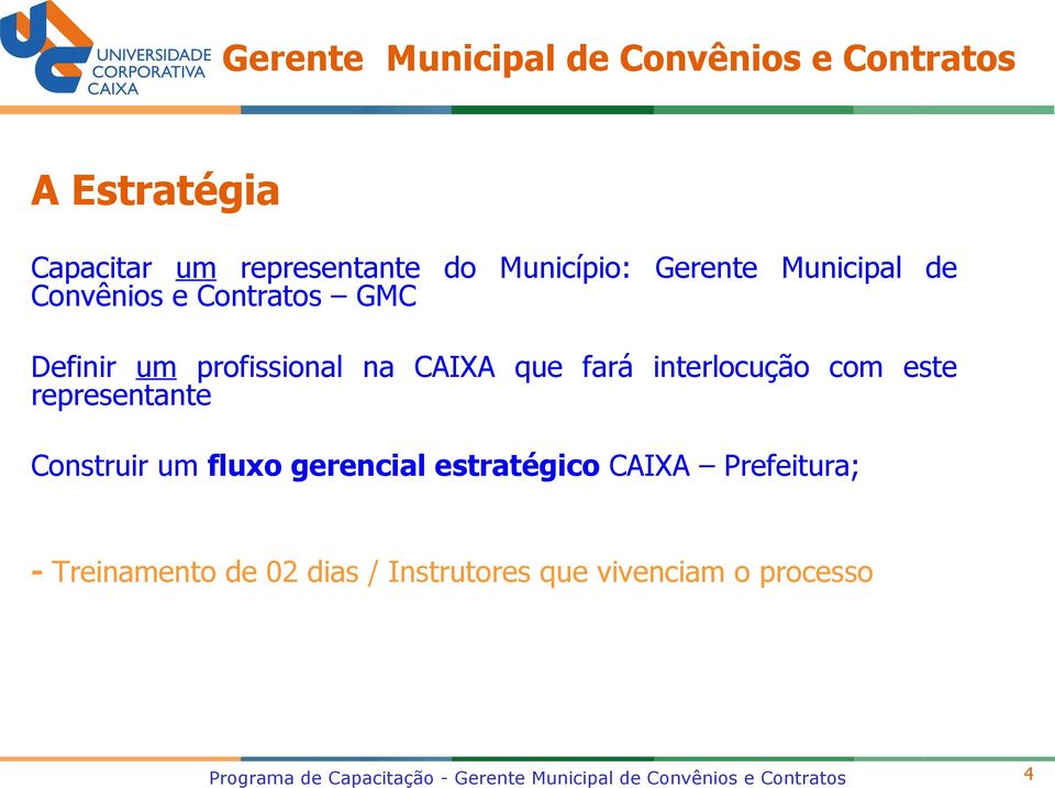 com este representante Construir um fluxo gerencial estratégico CAIXA Prefeitura; - Treinamento de 02