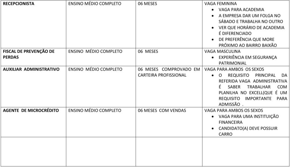 ENSINO MÉDIO 06 MESES COMPROVADO EM VAGA PARA AMBOS OS SEXOS CARTEIRA PROFISSIONAL O REQUISITO PRINCIPAL DA REFERIDA VAGA ADMINISTRATIVA É SABER TRABALHAR COM PLANILHA NO