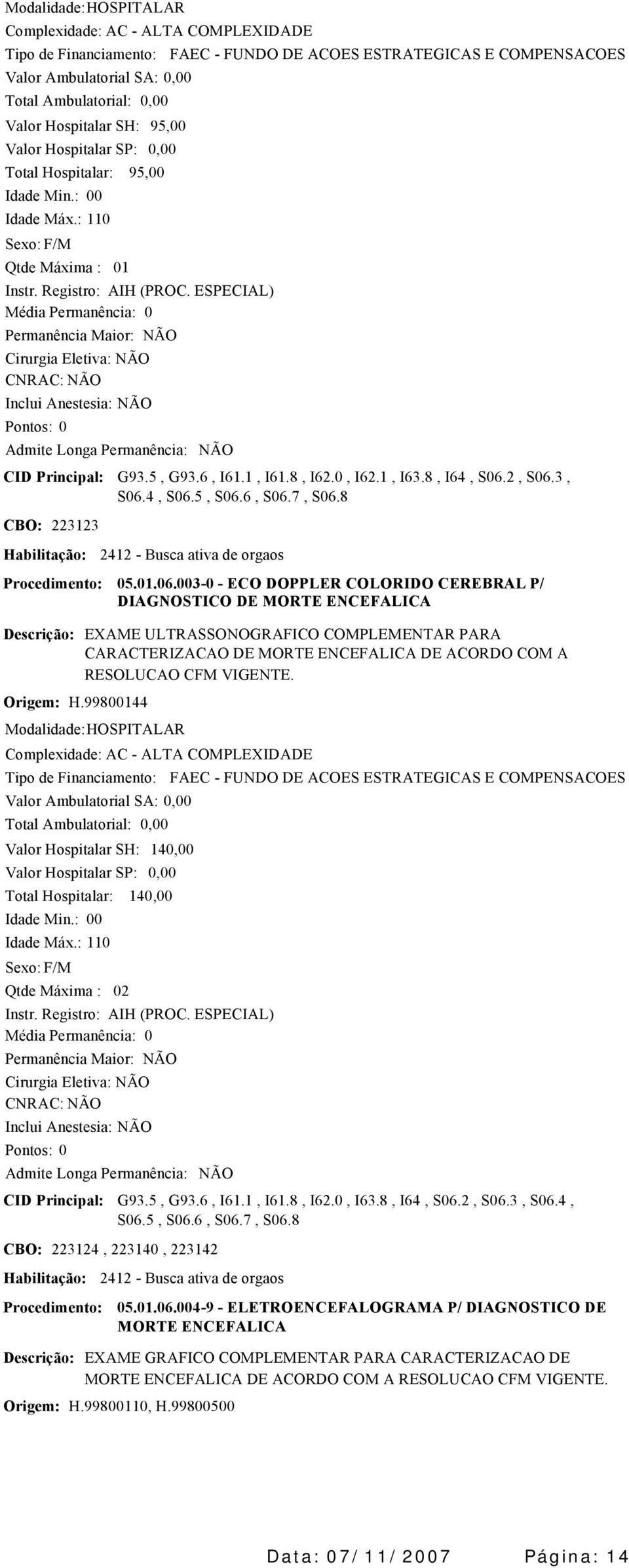 998044 EXAME ULTRASSONOGRAFICO COMPLEMENTAR PARA CARACTERIZACAO DE MORTE ENCEFALICA DE ACORDO COM A RESOLUCAO CFM VIGENTE. Valor Ambulatorial SA: 14 14 Instr. Registro: AIH (PROC.