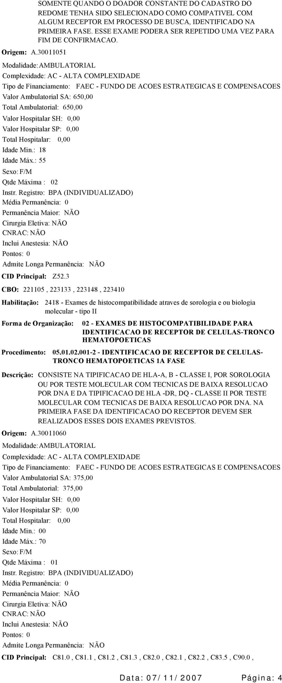 Registro: BPA (INDIVIDUALIZADO) 02 CID Principal: Z52.3 CBO: 221105, 223133, 223148, 223410 Forma de Organização: Origem: A.