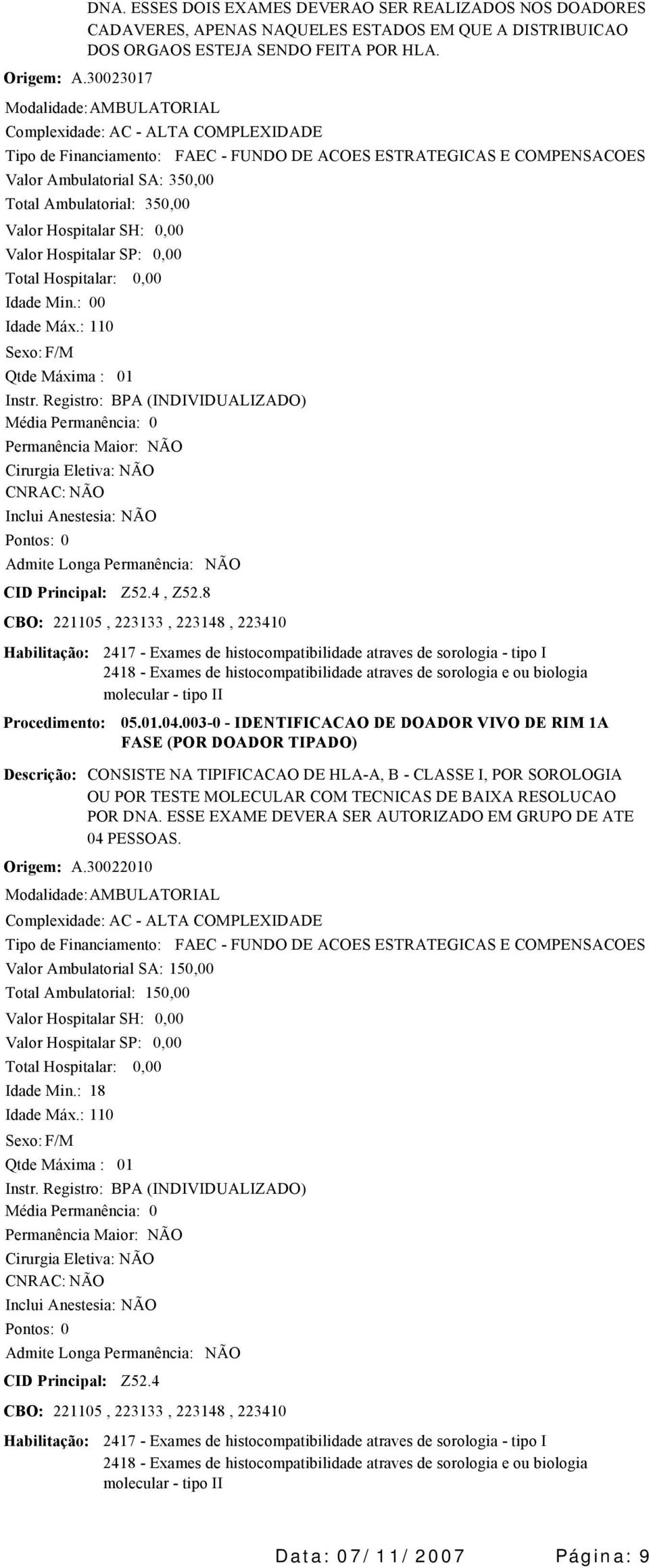 300220 2417 - Exames de histocompatibilidade atraves de sorologia - tipo I 2418 - Exames de histocompatibilidade atraves de sorologia e ou biologia molecular - tipo II 05..04.