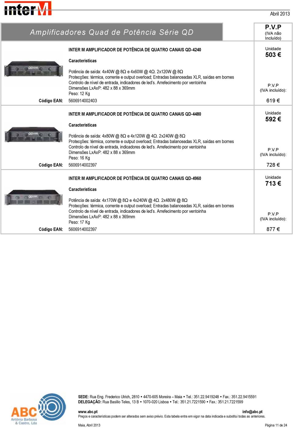 Arrefecimento por ventoinha Dimensões LxAxP: 482 x 88 x 369mm Peso: 12 Kg Código EAN: 5606914002403 INTER M AMPLIFICADOR DE POTÊNCIA DE QUATRO CANAIS QD-4480 Potência de saída: 4x80W @ 8Ω e 4x120W @