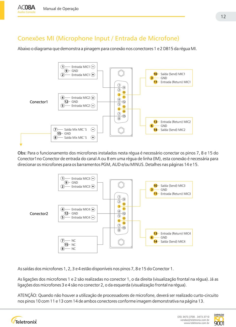 (Send) MIC2 Obs: Para o funcionamento dos microfones instalados nesta régua é necessário conectar os pinos 7, e 15 do Conector1no Conector de entrada do canal A ou B em uma régua de linha (IM), esta