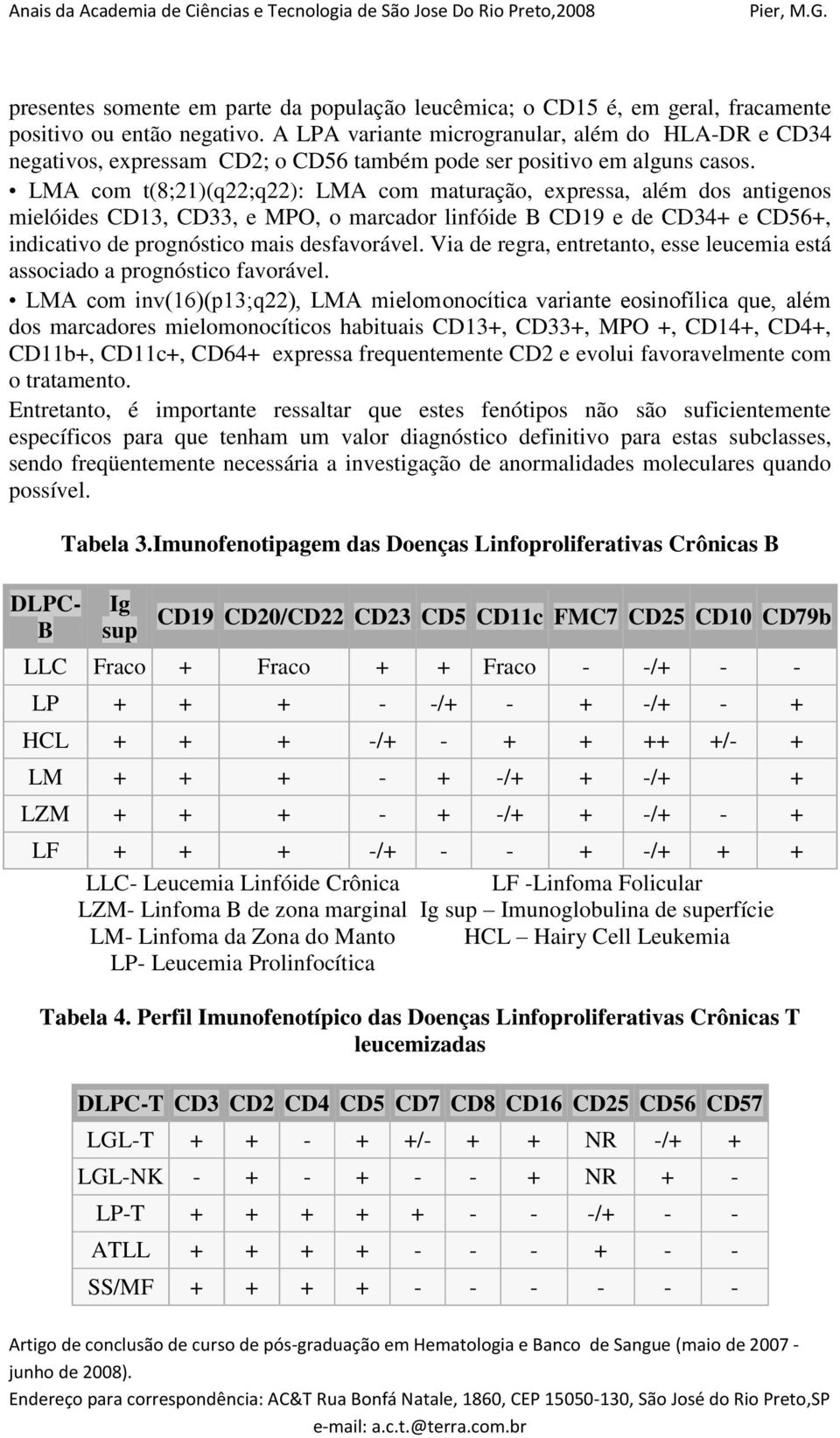 LMA com t(8;21)(q22;q22): LMA com maturação, expressa, além dos antigenos mielóides CD13, CD33, e MPO, o marcador linfóide B CD19 e de CD34+ e CD56+, indicativo de prognóstico mais desfavorável.