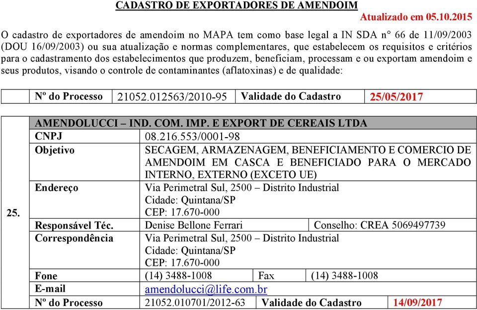 2500 Distrito Industrial Cidade: Quintana/SP CEP: 17.670-000 Responsável Téc.