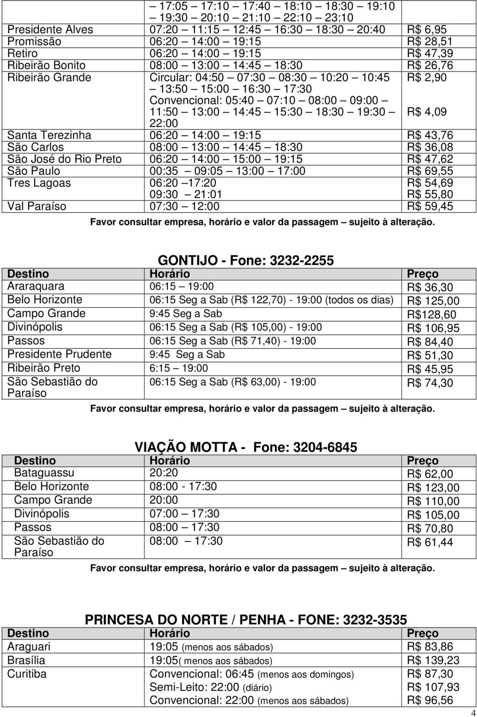 19:30 R$ 2,90 R$ 4,09 22:00 Santa Terezinha 06:20 14:00 19:15 R$ 43,76 São Carlos 08:00 13:00 14:45 18:30 R$ 36,08 São José do Rio Preto 06:20 14:00 15:00 19:15 R$ 47,62 São Paulo 00:35 09:05 13:00