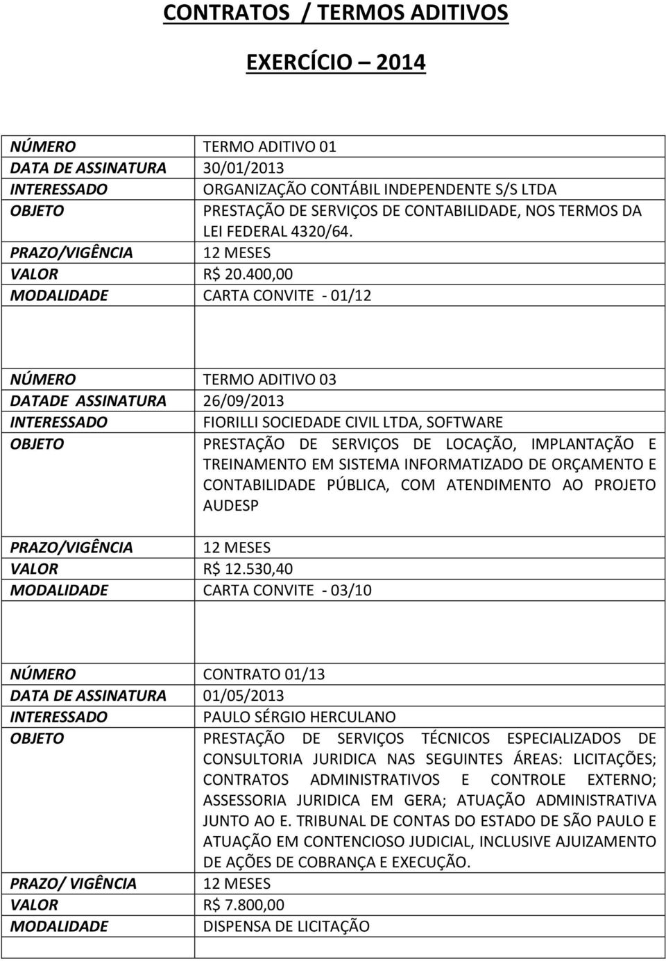 400,00 CARTA CONVITE - 01/12 NÚMERO TERMO ADITIVO 03 DATADE ASSINATURA 26/09/2013 FIORILLI SOCIEDADE CIVIL LTDA, SOFTWARE PRESTAÇÃO DE SERVIÇOS DE LOCAÇÃO, IMPLANTAÇÃO E