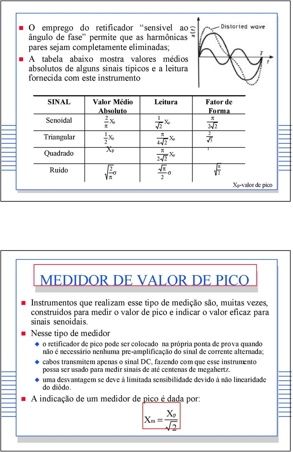 que realizam esse tipo de medição são, muitas vezes, construídos para medir o valor de pico e indicar o valor eficaz para sinais senoidais.