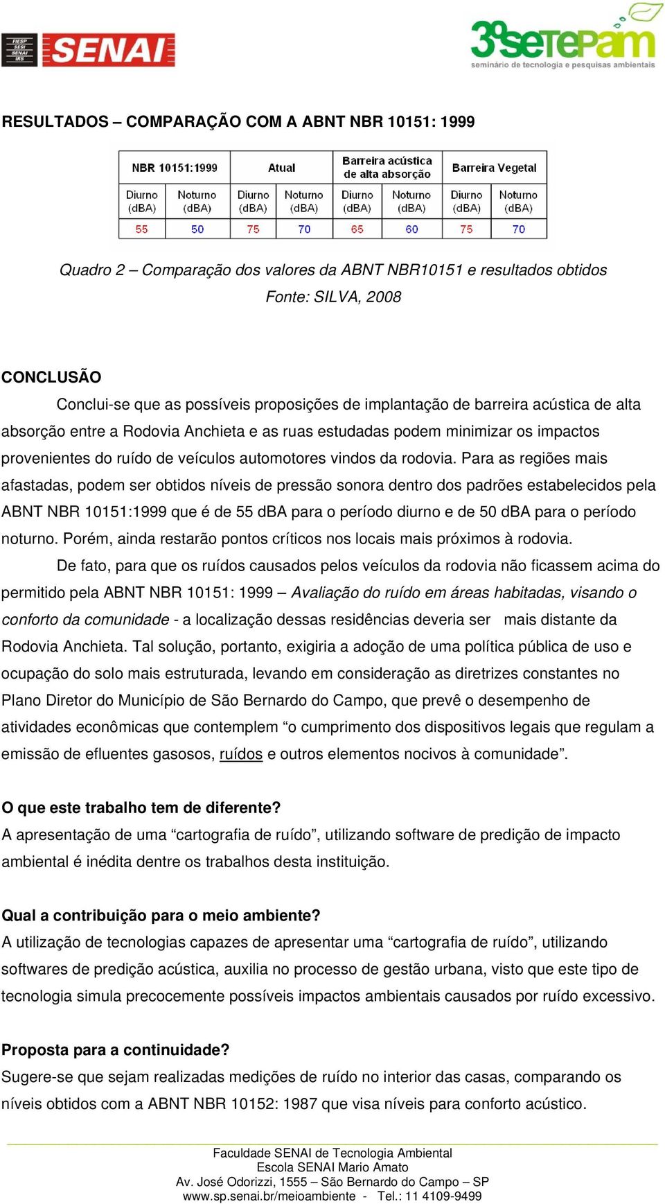 Para as regiões mais afastadas, podem ser obtidos níveis de pressão sonora dentro dos padrões estabelecidos pela ABNT NBR 10151:1999 que é de 55 dba para o período diurno e de 50 dba para o período