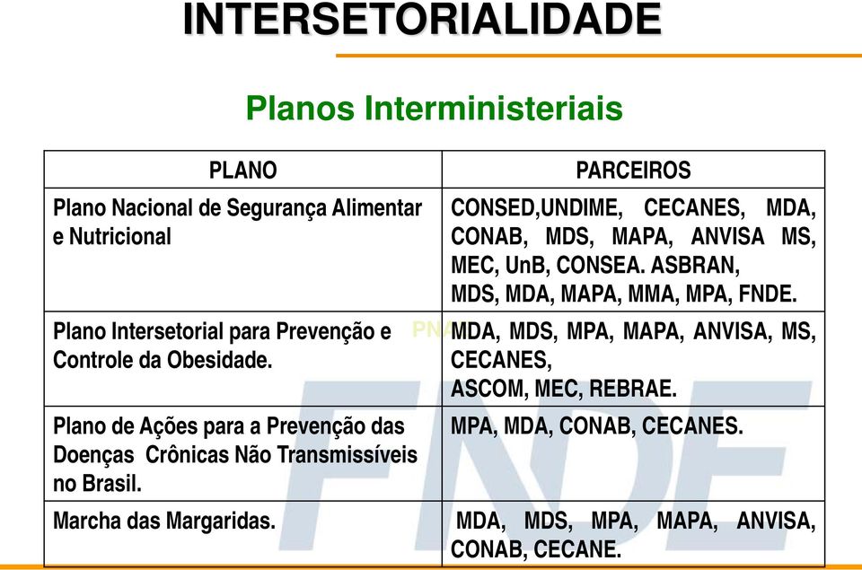 Planos Interministeriais PARCEIROS CONSED,UNDIME, CECANES, MDA, CONAB, MDS, MAPA, ANVISA MS, MEC, UnB, CONSEA.