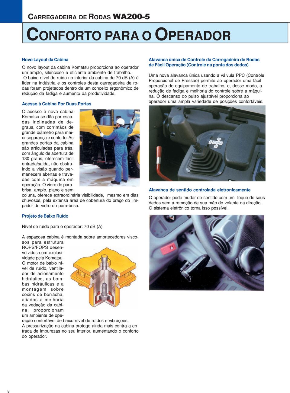 aumento da produtividade. Acesso à Cabina Por Duas Portas O acesso à nova cabina Komatsu se dão por escadas inclinadas de degraus, com corrimãos de grande diâmetro para maior segurança e conforto.