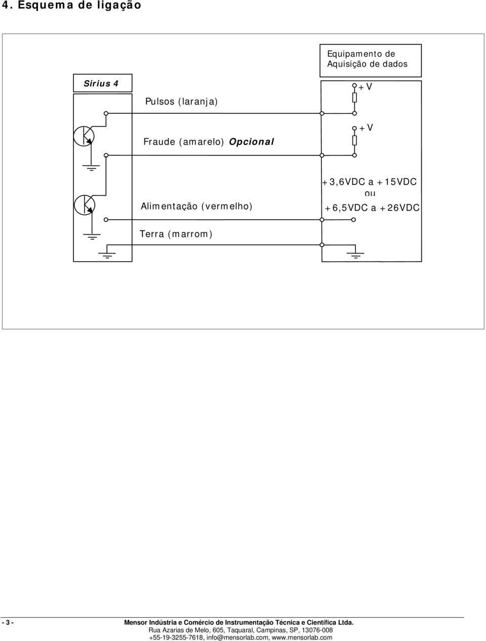 (vermelho) +3,6VDC a +15VDC ou +6,5VDC a +26VDC Terra (marrom) - 3