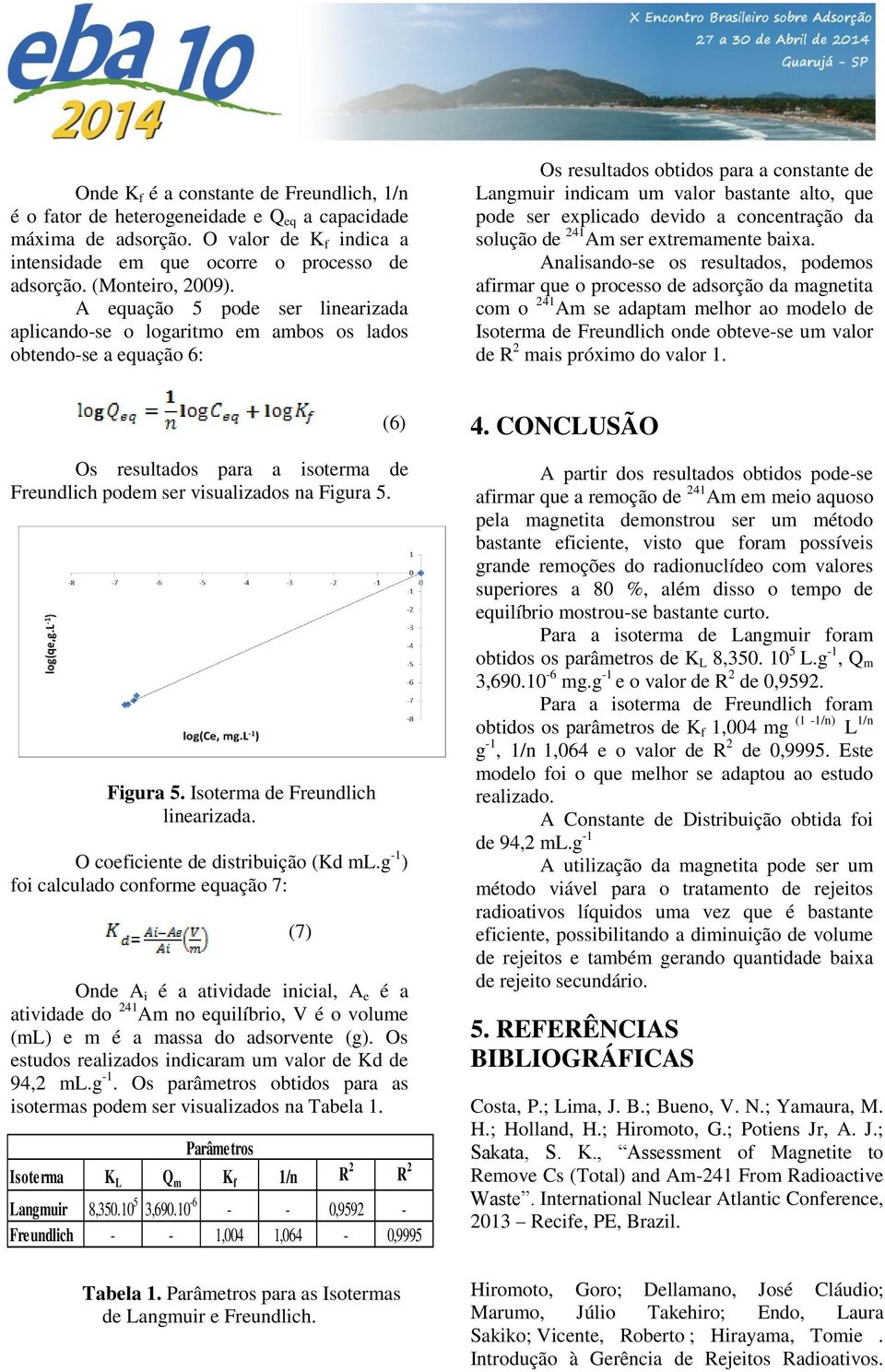 A equação 5 pode ser linearizada aplicando-se o logaritmo em ambos os lados obtendo-se a equação 6: Os resultados obtidos para a constante de Langmuir indicam um valor bastante alto, que pode ser