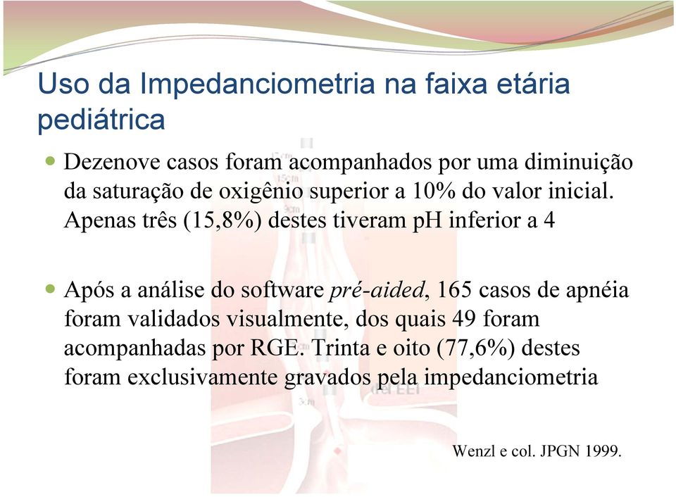 Apenas três (15,8%) destes tiveram ph inferior a 4 Após a análise do software pré-aided, 165 casos de apnéia