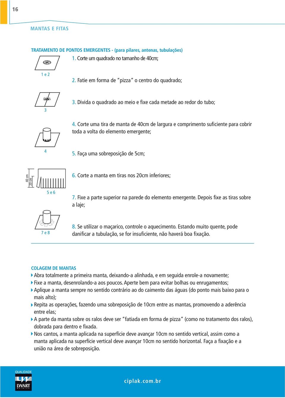 Faça uma sobreposição de 5cm; 40 cm 20 cm 6. Corte a manta em tiras nos 20cm inferiores; 5 e 6 7. Fixe a parte superior na parede do elemento emergente. Depois fixe as tiras sobre a laje; 7 e 8 8.