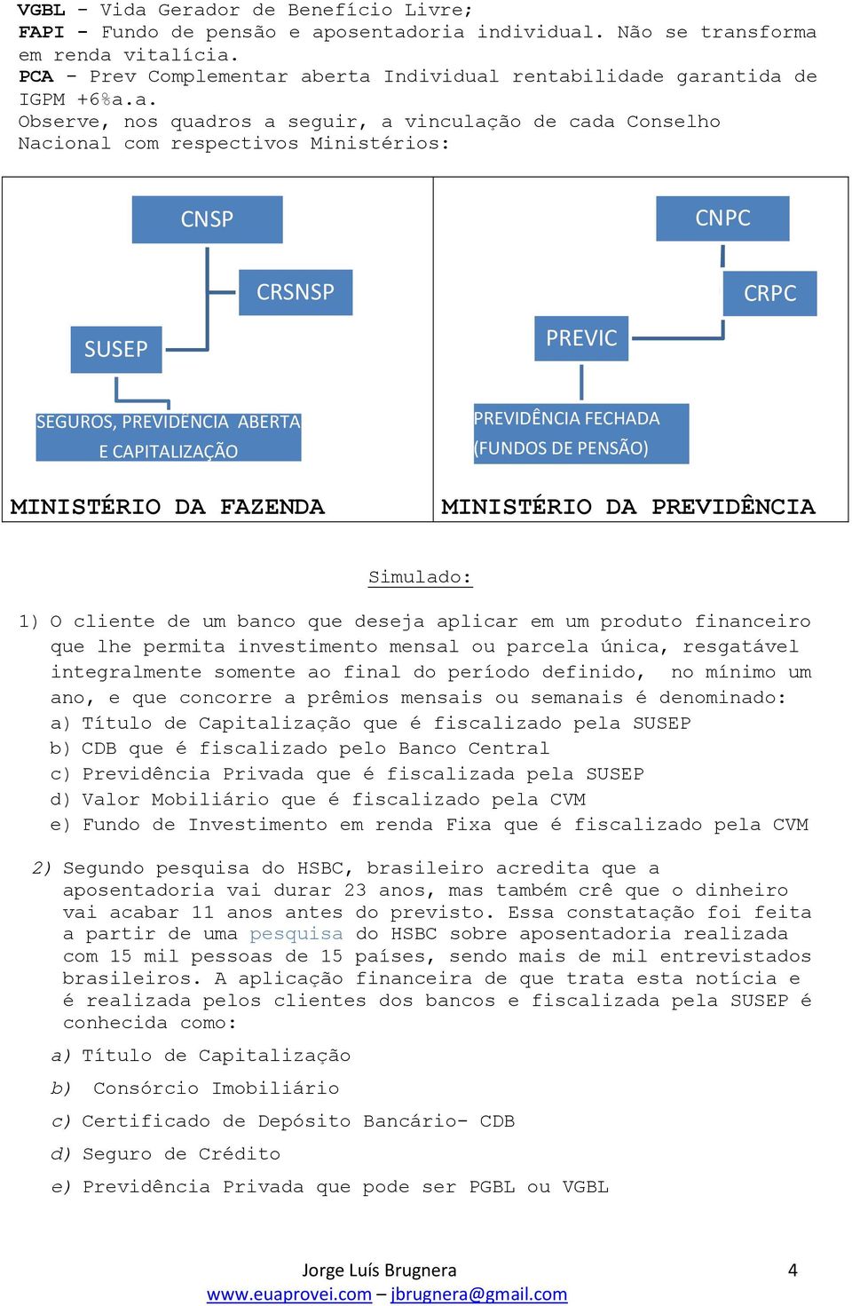 aberta Individual rentabilidade garantida de IGPM +6%a.a. Observe, nos quadros a seguir, a vinculação de cada Conselho Nacional com respectivos Ministérios: CNSP CNPC CRSNSP CRPC SUSEP PREVIC