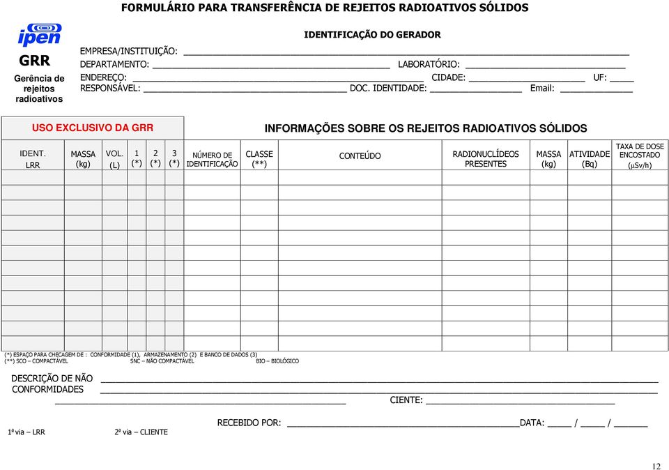 (L) 1 (*) 2 (*) 3 (*) NÚMERO DE IDENTIFICAÇÃO CLASSE (**) CONTEÚDO RADIONUCLÍDEOS PRESENTES MASSA (kg) ATIVIDADE (Bq) TAXA DE DOSE ENCOSTADO (µsv/h) (*) ESPAÇO PARA CHECAGEM DE :