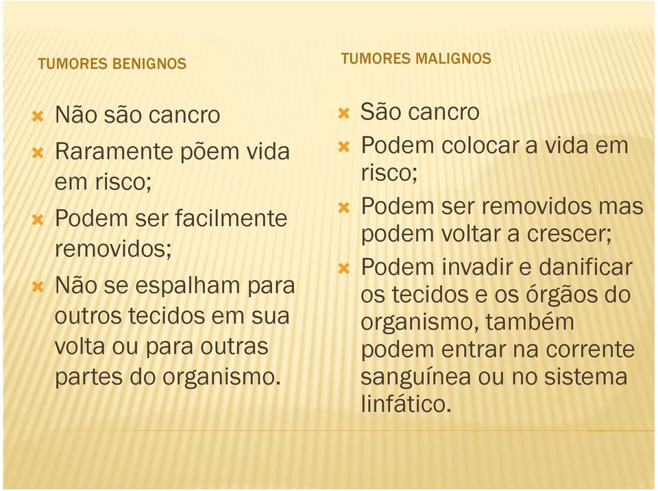 TUMORES MALIGNOS São cancro Podem colocar a vida em risco; Podem ser removidos mas podem voltar a