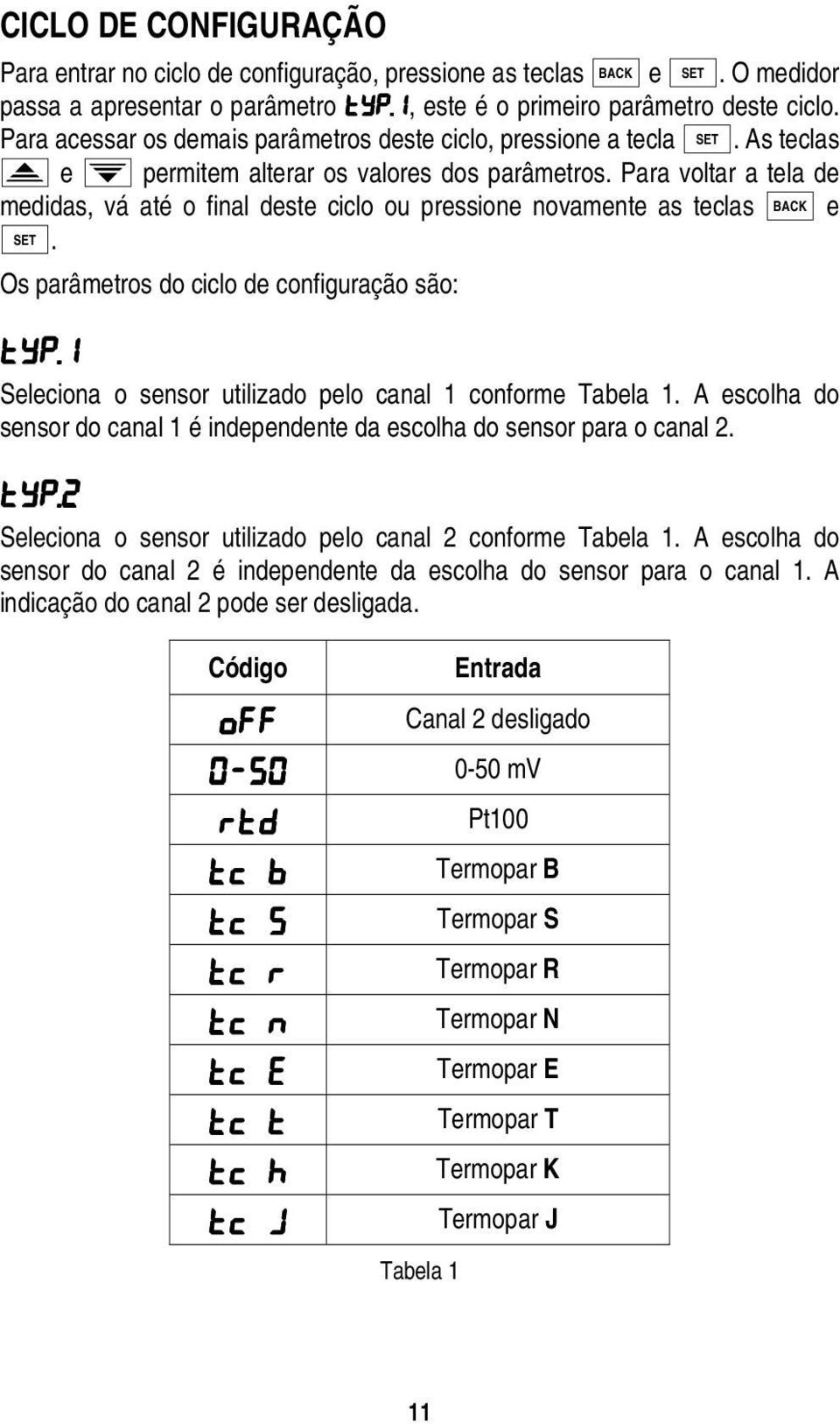 Para voltar a tela de medidas, vá até o final deste ciclo ou pressione novamente as teclas BACK e SET. Os parâmetros do ciclo de configuração são: typ.