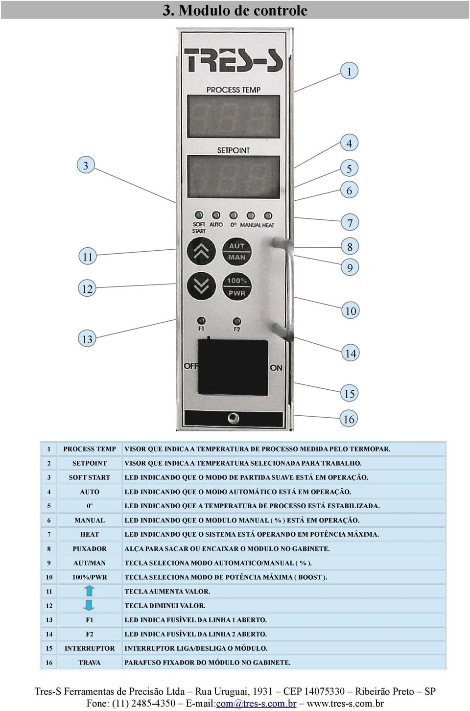 LED INDICANDO QUE A TEMPERATURA DE PROCESSO ESTÁ ESTABILIZADA. LED INDICANDO QUE O MODULO MANUAL ( % ) ESTÁ EM OPERAÇÃO. 7 HEAT 8 PUXADOR LED INDICANDO QUE O SISTEMA ESTÁ OPERANDO EM POTÊNCIA MÁXIMA.