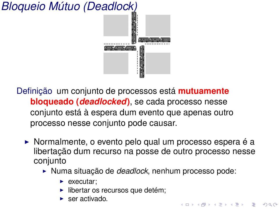 Normalmente, o evento pelo qual um processo espera é a libertação dum recurso na posse de outro processo