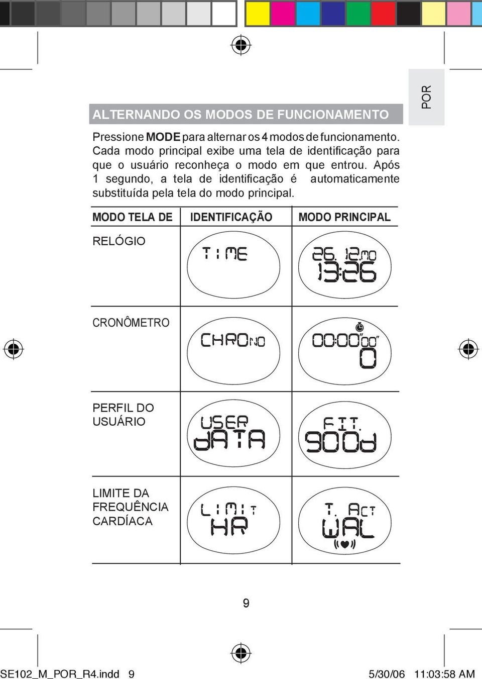 Após 1 segundo, a tela de identificação é automaticamente substituída pela tela do modo principal.