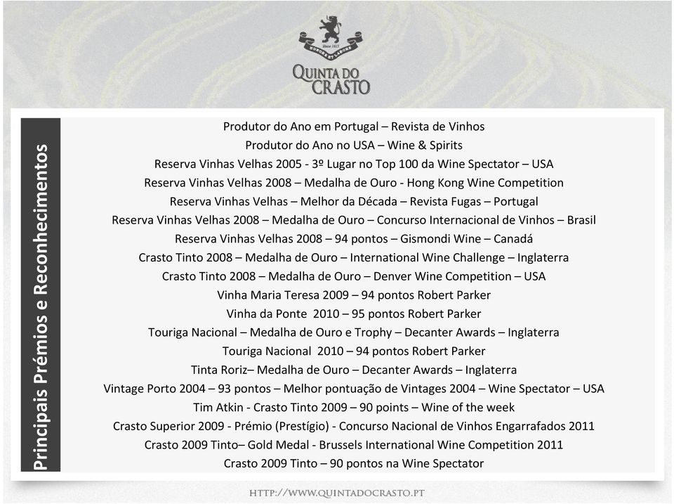 Vinhos Brasil Reserva Vinhas Velhas 2008 94 pontos GismondiWine Canadá Crasto Tinto 2008 Medalha de Ouro International Wine Challenge Inglaterra CrastoTinto 2008 Medalha de Ouro Denver