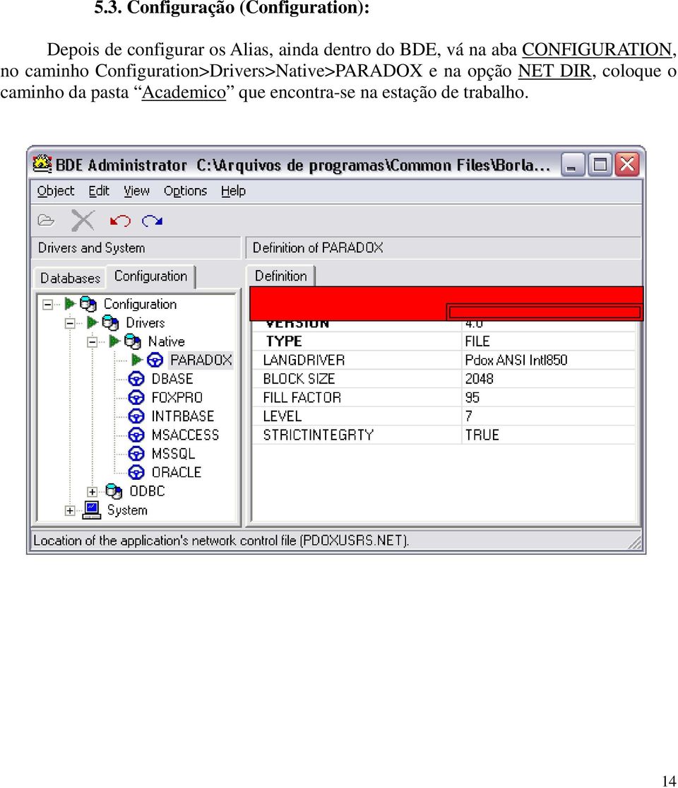 Configuration>Drivers>Native>PARADOX e na opção NET DIR, coloque