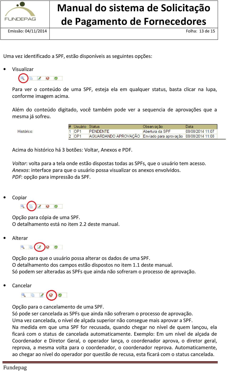 Voltar: volta para a tela onde estão dispostas todas as SPFs, que o usuário tem acesso. Anexos: interface para que o usuário possa visualizar os anexos envolvidos. PDF: opção para impressão da SPF.