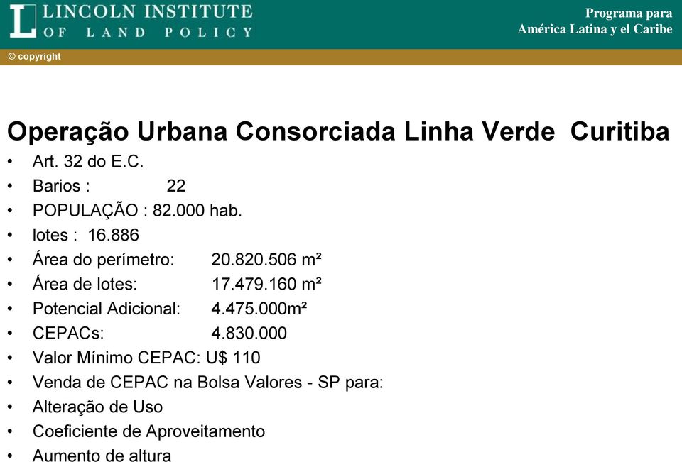 160 m² Potencial Adicional: 4.475.000m² CEPACs: 4.830.