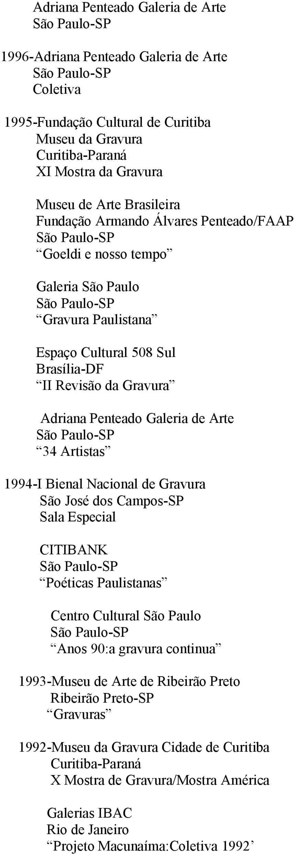 de Arte 34 Artistas 1994-I Bienal Nacional de Gravura São José dos Campos-SP Sala Especial CITIBANK Poéticas Paulistanas Centro Cultural São Paulo Anos 90:a gravura continua 1993-Museu de