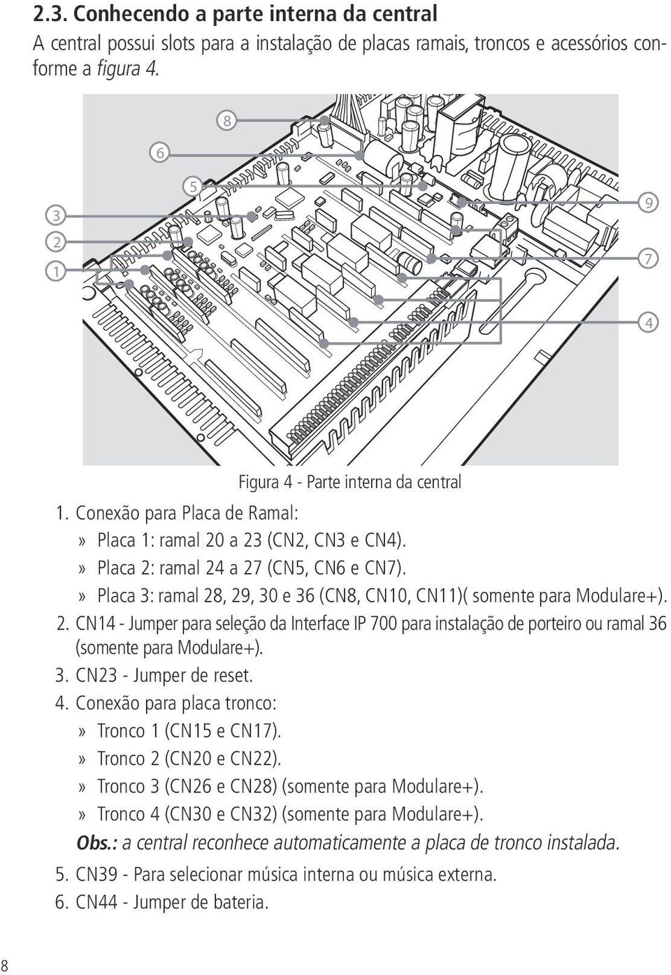 3. CN23 - Jumper de reset. 4. Conexão para placa tronco: Tronco 1 (CN15 e CN17). Tronco 2 (CN20 e CN22). Tronco 3 (CN26 e CN28) (somente para Modulare+).