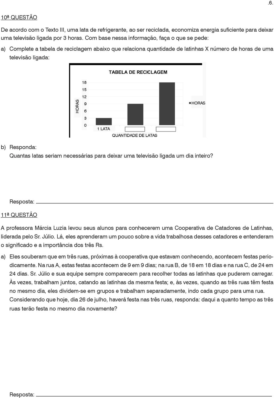 seriam necessárias para deixar uma televisão ligada um dia inteiro? 11ª QUESTÃO A professora Márcia Luzia levou seus alunos para conhecerem uma Cooperativa de Catadores de Latinhas, liderada pelo Sr.